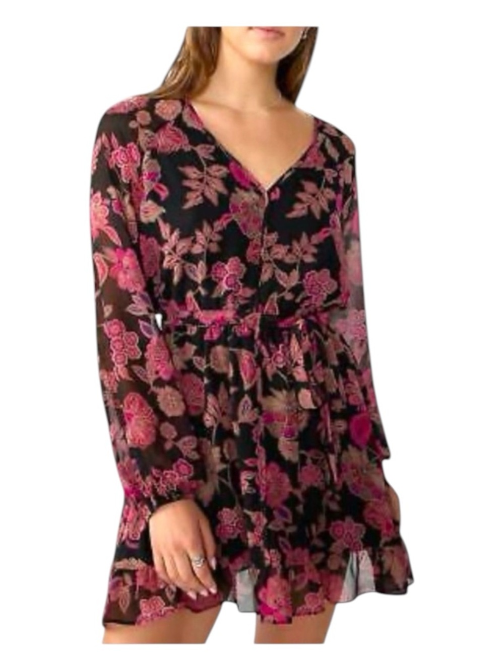 SANCTUARY Long Sleeve Floral Mini Dress, Sheer Sleeves, Size S.